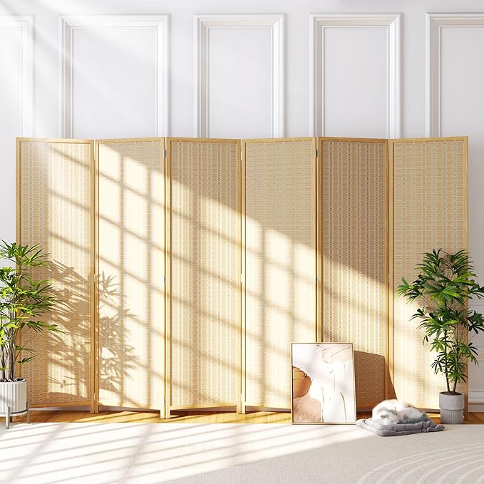 JOSTYLE Room Divider Folding Privacy Screen, 6 Panel Room Divider Screen - 6 ft. Tall Bamboo Divider Panel for Room Separation Freestanding Partition Wall, Beige, 70.9" H x 119" W
