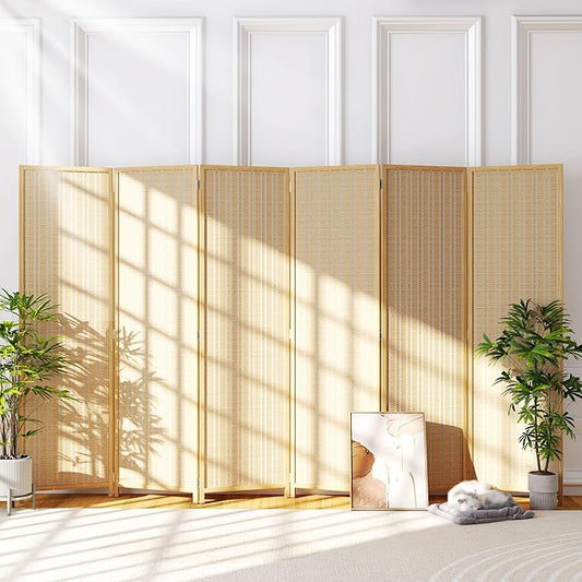 JOSTYLE Room Divider Folding Privacy Screen, 6 Panel Room Divider Screen - 6 ft. Tall Bamboo Divider Panel for Room Separation Freestanding Partition Wall, Beige, 70.9" H x 119" W