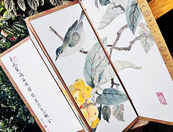 Hand-Painted Chinese Folding Screen - Traditional Oriental Partition with Bird & Loquat Pattern Mini Room Divider, Desktop Privacy Panel, (35x56cm) Symbolizing Happiness (Bird + Loquat)
