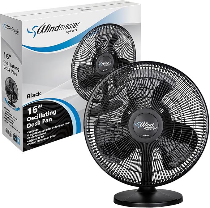 PAMI Oscillating Desk Fan - Portable Table Top Fan With 3 Speed Levels, Large Blades & Adjustable Tilt- Max Air Flow Office Desk Fan- Electric Cooling Fan For Bedroom Home Dorm Office (Black, 12'')