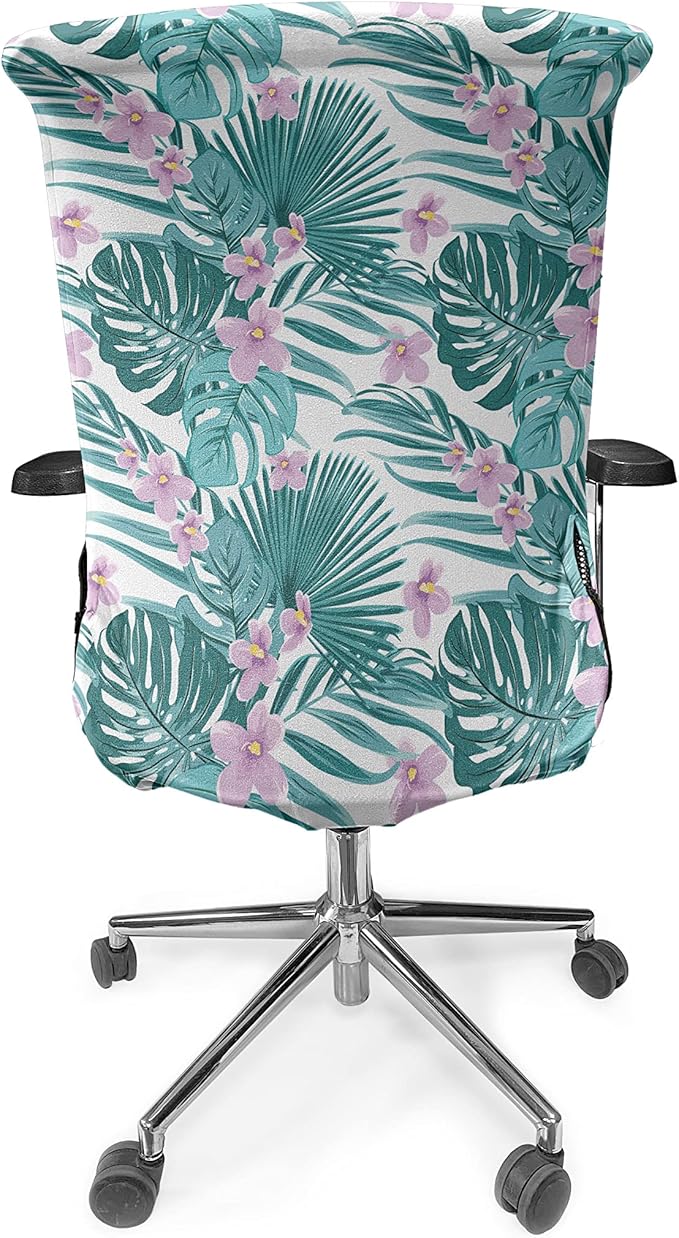 Ambesonne Tropical Office Chair Cover, Continued Layout of Palm Leaves Jungle Coconut Monstera Summer Art, Stretchable Decorative Universal Size High Back Printed Slipcover, Teal Purple