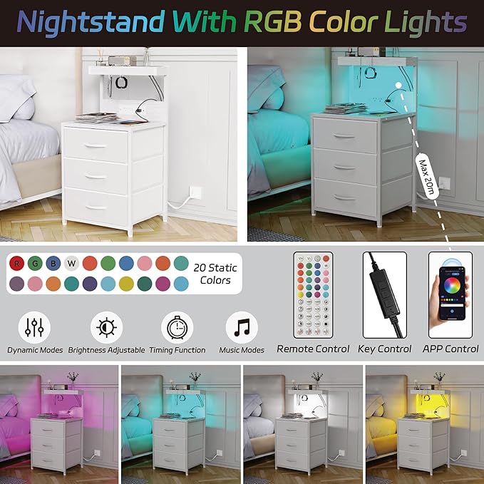 Night Stand with Charging Station Set of 2, LED Nightstand Bedside Table with USB Ports and Outlets, 3 Fabric Drawer End Side Table Night Stand Set 2 for Bedroom with Storage Shelf and 2 Hooks, White