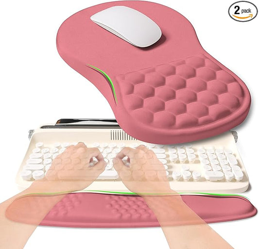2-in-1 Ergonomic Set, Wave Rise Keyboard Wrist Rest and Massage Bulge Slope Mouse Pad Wrist Support, Cushion Memory Foam Integrated to Relieve Wrist Pain, Muskmelon Pink