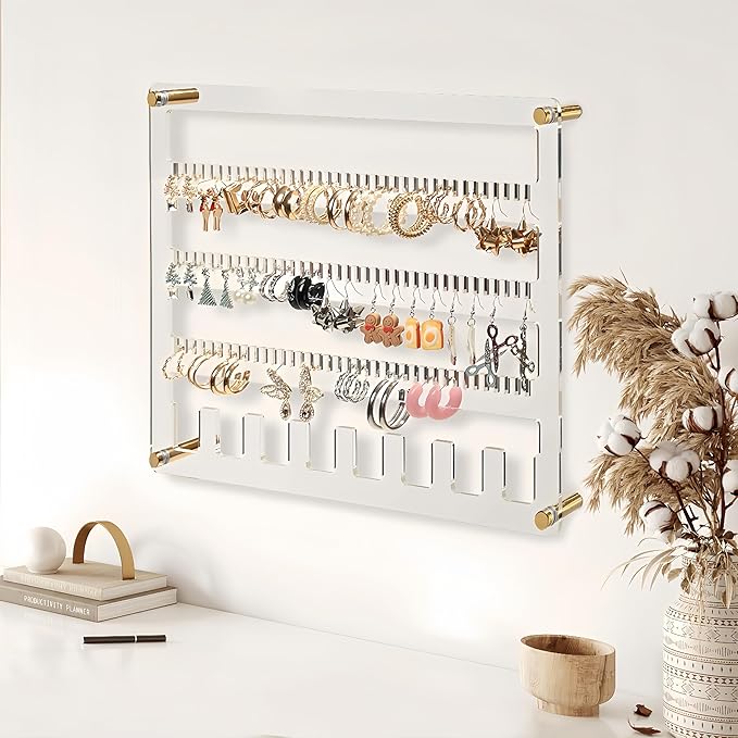 Earring Holder Organizer, 4 Layer Wall Mounted Ear Stud Display Storage, Acrylic Large Capacity Jewelry Organizer Earring Display and Storage for Studs, Dangling, Necklace