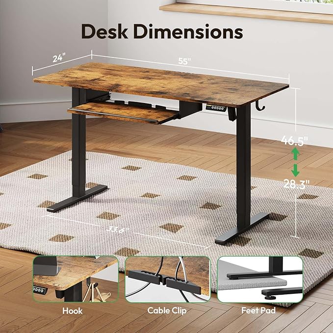 Electric Standing Desk with Keyboard Tray,55x24 inches Adjustable Height Stand Up Desk,3 Preset Heights,Equipped with Hooks,Raising Desks for Home Office and Computer Workstation,Brown