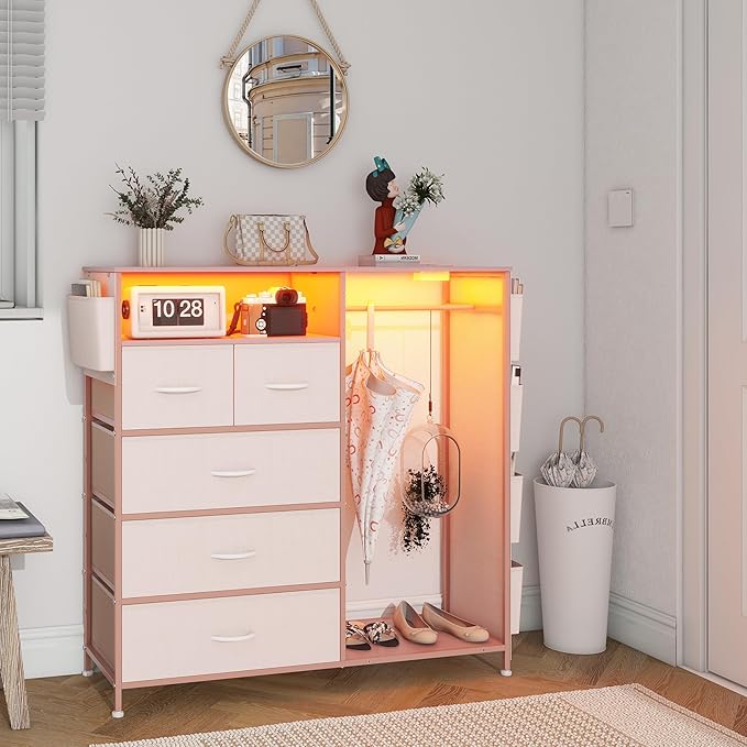 Espelism Dresser for Bedroom with Clothes Rack Side Pockets 5 Drawer Dresser with Charging Station LED Lights Black Storage Chest of Drawers for Hallway Closet Sturdy Steel Frame Wood Top (Pink)