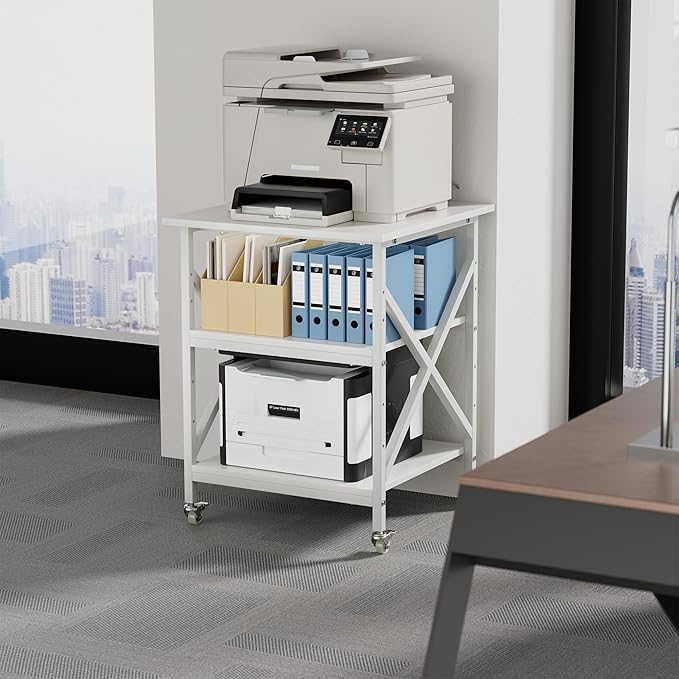 3 Tier Printer Stand, Large Table with Wheels, Rolling Cart with Height Adjustable Middle Storage Shelf, 23.6 x 23.6 x 30.3 Inches Shelf for Home Office, White