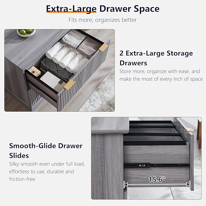 JXQTLINGMU 2 Drawer File Cabinet with Charging Station, 30" Fluted Lateral File Cabinet w/Files Hanging Rod for Letter/Legal/A4, Large Tabletop for Printer, Office Wood Printer Cabinets, Grey