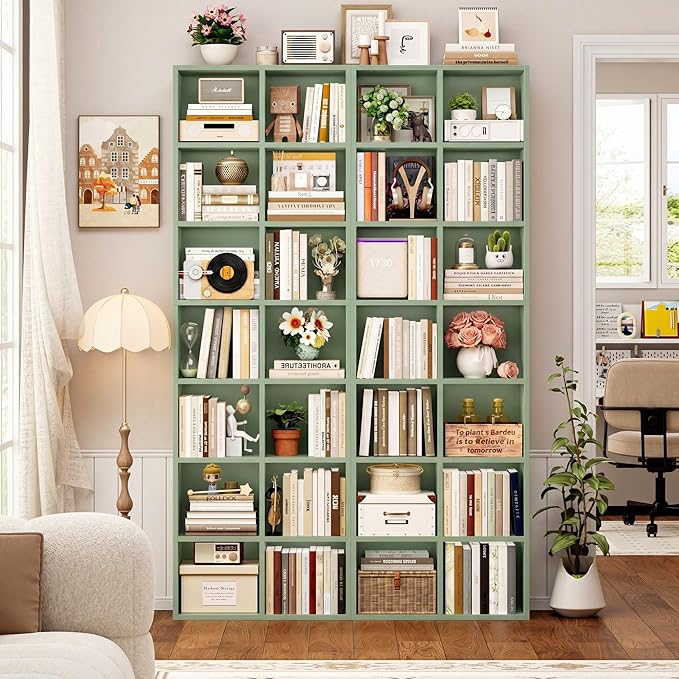 FOTOSOK 71'' Tall Bookshelf Set of 2, 7 Tier Large Bookshelf with Adjustable Shelves, Wide Bookcases and Bookshelf, DVD/CD Media Tower Storage, Cube Book Shelf Display Storage Cabinet, Green
