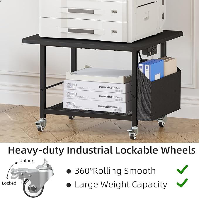 YAOHUOO 23.6"×23.6" Large Priner Stand with Power Outlet, Printer Table with Storage Side Pocket, Heavy Duty Rolling Cart for Home Office 3D Printer/Laser/Heat Press Table, Black