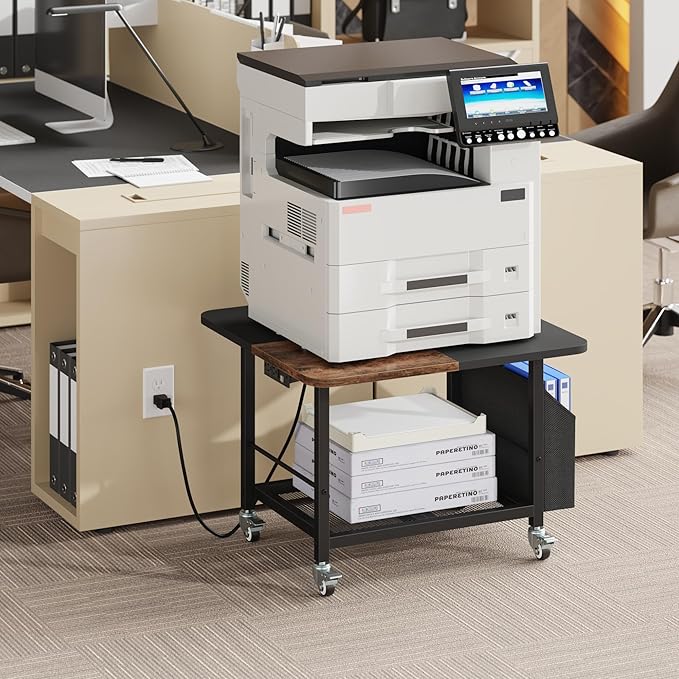 YAOHUOO 23.6"×23.6" Large Priner Stand with Power Outlet, Printer Table with Storage Side Pocket, Heavy Duty Rolling Cart for Home Office 3D Printer/Laser/Heat Press Table, Rustic Brown