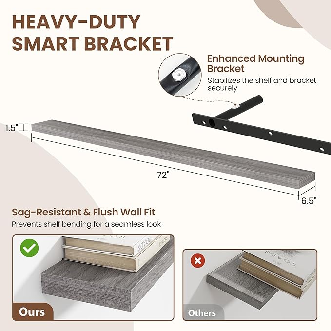 Acovy 72 Inch Floating Shelves for Wall 1 Pack, 72" Wall Shelves for Books, Storage, Decor, Wall Mounted Floating Shelf with Invisible Brackets for Kitchen, Living Room, Gray