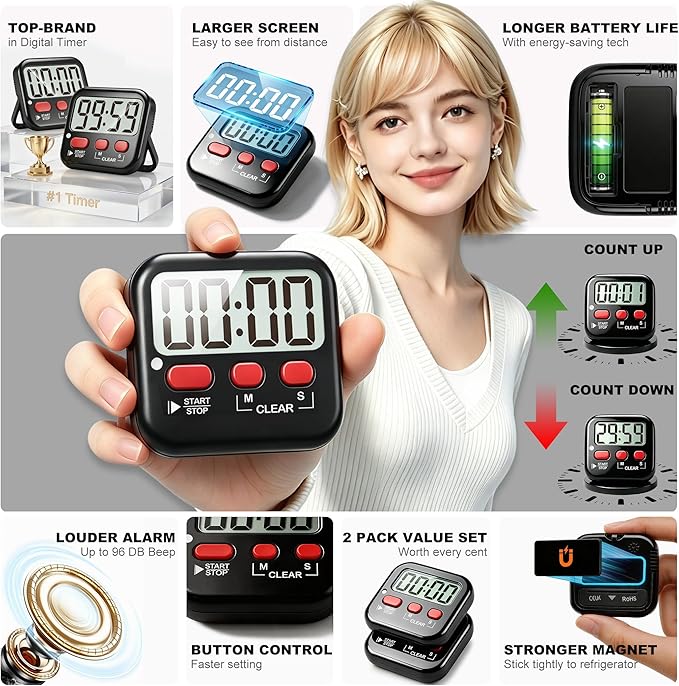 Antonki 2 Pack Digital Timer for Kids, Magnetic Countdown Kitchen Timers for Cooking, Egg, Classroom, Teacher, Exercise, Study, Oven - Battery Included