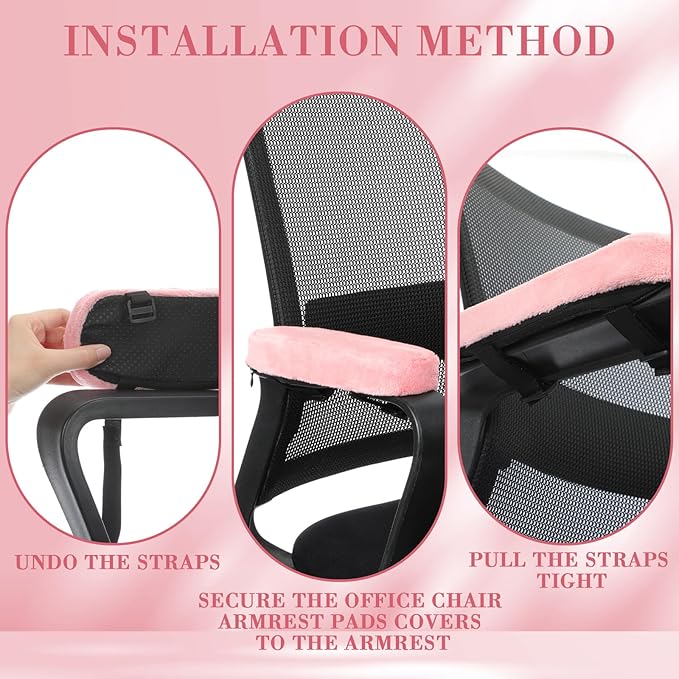 Threlaco 2 Pcs Office Chair Armrest Pads Soft Foam Office Chair Arm Covers Fluffy Flannel Gaming Armchair Armrest Cushion for Elbows and Forearms Support Pressure Relief (Pink)