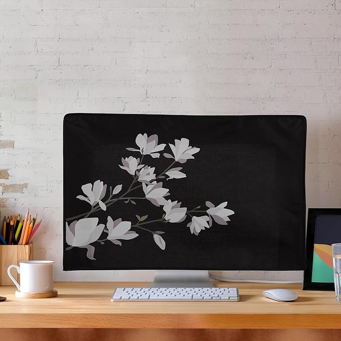 kwmobile Dust Cover for 27-28" Monitor - Linen Monitor Protector with Design - Magnolias Taupe/Brown/Black