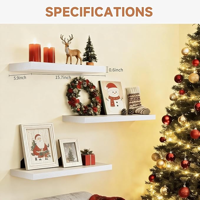 Easy Install Floating Shelves, 15.7 Inch Wall Mounted Wooden Shelf, Small Hanging Shelf for Home Decor, Books and Storage, Organizer for Bedroom, Bathroom, Kitchen, Set of 3, White