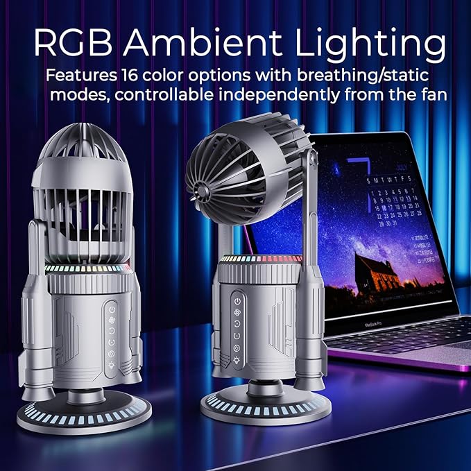 Rocket Desk Fan with Mist Humidifier, 5000mAh Portable Cordless Table Fan, RGB Gaming Room Decor, 180° Auto-Oscillating & Tilt, Quiet Personal Cooling for Office, Bedroom & Gifting (Silver)