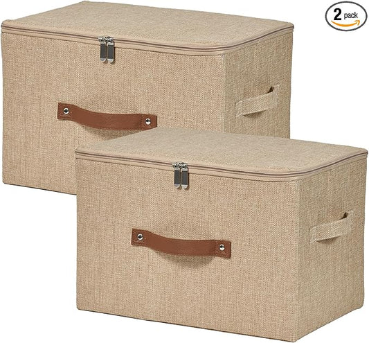 2 Pack Storage Bins with Zipper Lid Cotton Linen Fabric Lidded Storage Baskets Boxes Foldable Washable Closet Shelf Clothes Organizer Container with PU Leather Handles (Linen, Large)