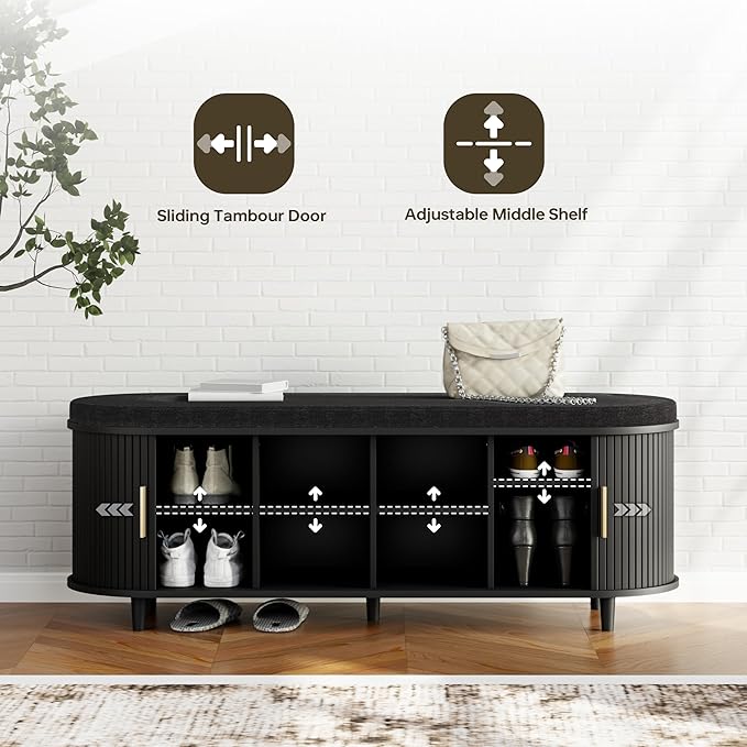 DHH 2-Tier Storage Bench,Wide Shoe Bench with Thickened Padded Seat Cushion, Mid Century Modern Fluted Sliding Door and Adjustable Shelf, for Entryway, Living Room, Bedroom (Black, 51.2”)