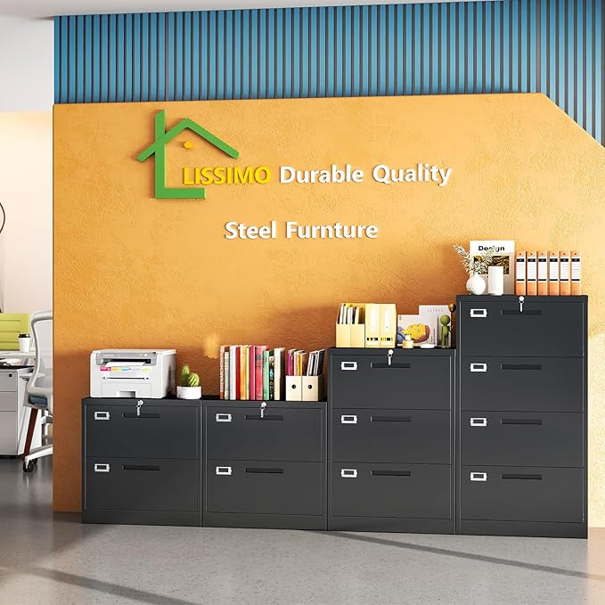 Metal Lateral 2 Drawer File Cabinet with Lock, Wide Filing Cabinet for Letter/Legal/F4/A4 Hanging Files, Storage Cabinet for Home Office School, Black
