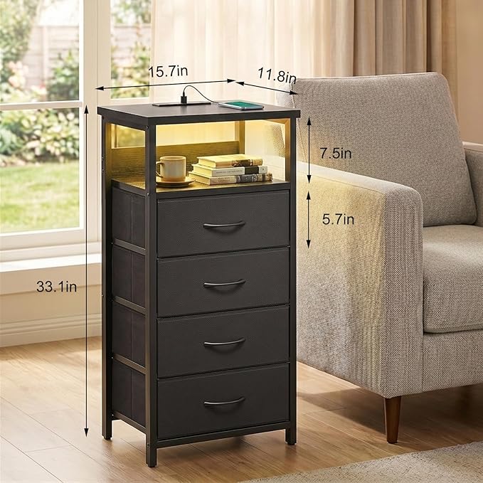 Fixwal Night Stand with Charging Station, Tall Nightstand with U-S-B Ports and Outlets, 4 Fabric Storage Drawers with PU Finish, Small Dresser Bed Side Table, Black