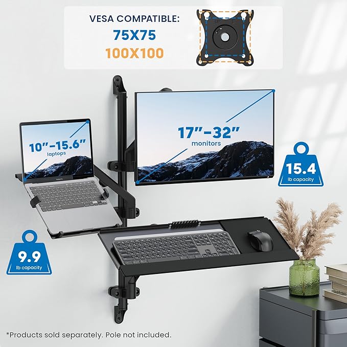Mount-It! Single Monitor Wall Mount, Computer Monitor Wall Mount Arm, Vesa 100x100 75 x 75 - Pole Mounting, Full Motion Vesa Wall Bracket for 17" to 32" Screens, Curved Displays, 15.4 lb max