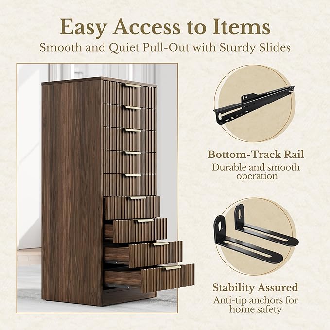 9 Drawer File Cabinet, Wooden Office Cabinet with Drawers, Fluted Storage Filing Drawer for Home Office, Black Walnut