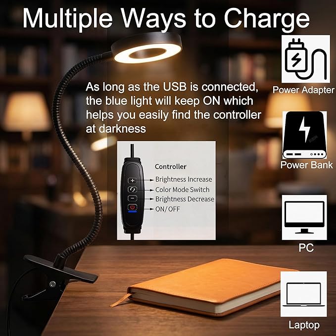 Desk Lamp with Clamp, 3 Color Modes & 10 Brightness LED Desk Light, 360°Adjustable Reading Lamps for Bed, Headboard, Clip on Light for Home Office Study Craft (Black)