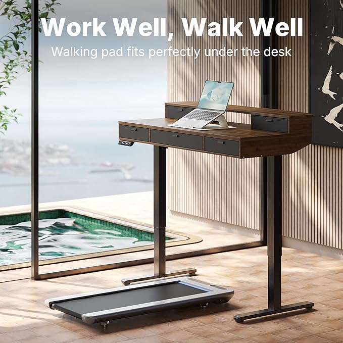 HUANUO 40 x 24 inch Electric Standing Desk with 4 Drawers, Adjustable Height Sit Stand Home Office Desk, C-Clamp Mount Compatible, Ergonomic Stand up Desk with 4 Preset Heights, Walnut