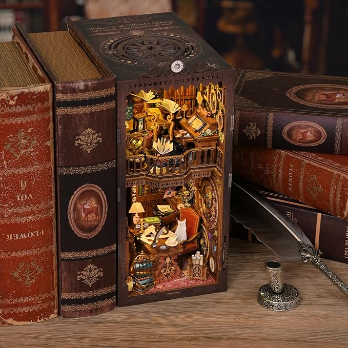 Book Nook Kit, Book Nook Kits for Adults DIY Booknook Model Build, DIY 3D Wooden Puzzle Bookend Booknook Bookshelf Insert Miniature Dollhouse Kit for Home Decoration