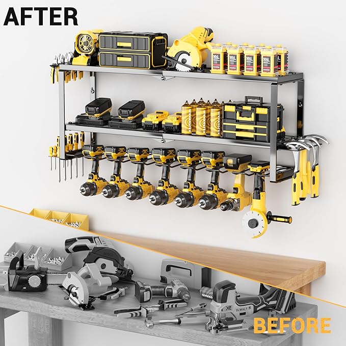 Power Tool Organizer Wall Mount Loads 300 lbs，Heavy Duty Metal 3 Layers Extra Tall Storage Rack with 8 Drill Holders & Battery Storage，Cordless Utility Tool Shelf for Garage, Workshop