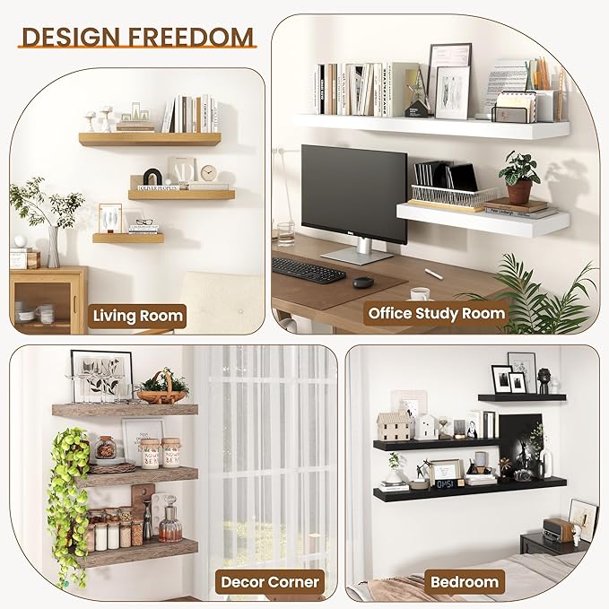 Axeman 24Inch Floating Shelves for Wall, 2 Pack Shelves for Bedroom, Bathroom, Kitchen, Hanging Wall Mounted Rustic Wood Shelf with Invisible Brackets for Books Decor, White