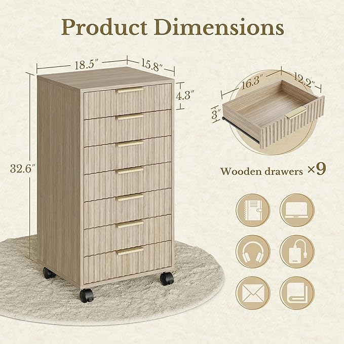 7 Drawer File Cabinet, Wooden Office Cabinet with Drawers, Fluted Storage Filing Drawer for Home Office, Light Walnut