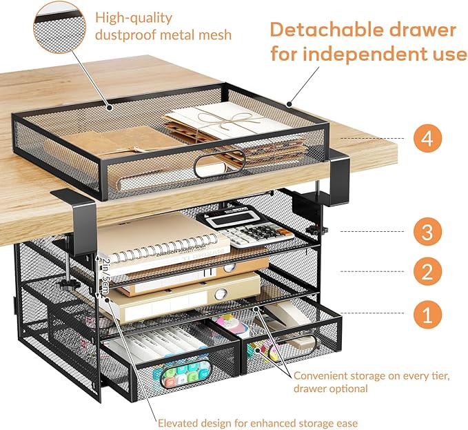Under Desk Drawer Organizer 3 Layer, Large Under Desk Storage Side Drawers for Home & Office, Drill-Free Clamp-on Installation for Small Space, Spacious Storage for Office Supplies, Papers
