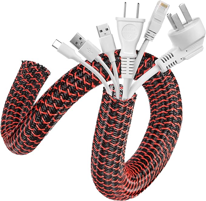 AGPTEK Cable Sleeve, 10ft - 1.2 inch Cable Management Desk Cord Cover Organizer Wire Hider for Home Office Computer TV Wire Loom Tubing Pet Proof Cord Protector from Cat Dog Chewing, BlackRed