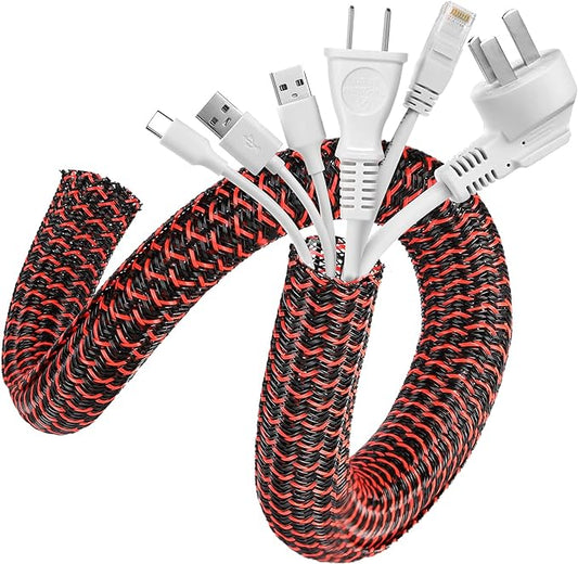 AGPTEK Cable Sleeve, 10ft - 1.2 inch Cable Management Desk Cord Cover Organizer Wire Hider for Home Office Computer TV Wire Loom Tubing Pet Proof Cord Protector from Cat Dog Chewing, BlackRed