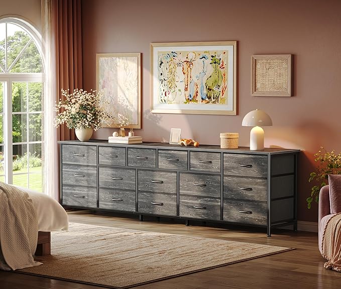 Huuger 77.6" Long Dresser for Bedroom, 16 Drawer Fabric Dresser for Closet, Wide Chest of Drawers with Storage, TV Stand for 65, 75, 85 Inch TV, 77.6" W x 12.9" D x 26.7" H, Charcoal Black