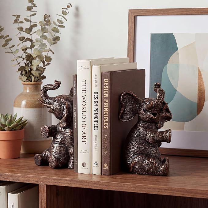 Elephant Bookends with Non-Slip Padding - Heavy Duty Book Ends for Shelves - Gold Decorative Bookend Unique - Vintage Animal Holders for Heavy Books - Living Room Bookshelf Decor - 4 x 4 x 7 Inches