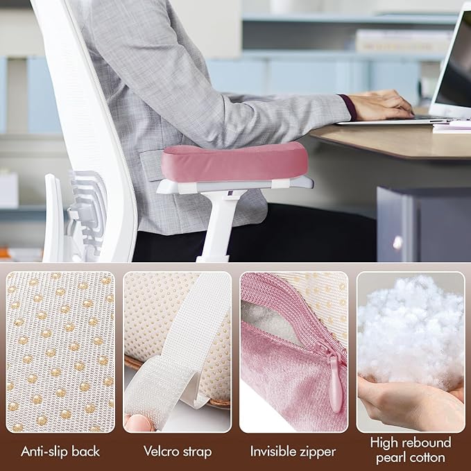WdFour 2-Pack Non-Slip Armrest Pads for Office & Gaming Chairs - Ergonomic Forearm Support Pillow for Desk, Computer & Wheelchair, Pressure Relief Cushions (Pink)