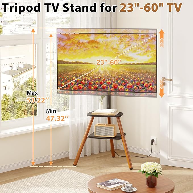 Tripod Easel TV Stand for 23-60 Inch TVs, Floor TV Stand with 2 Shelves and Cable Management for Bedroom/Living Room, Holds up to 80 lbs Adjustable Height Max VESA 400x400mm, Artistic Black Walnut