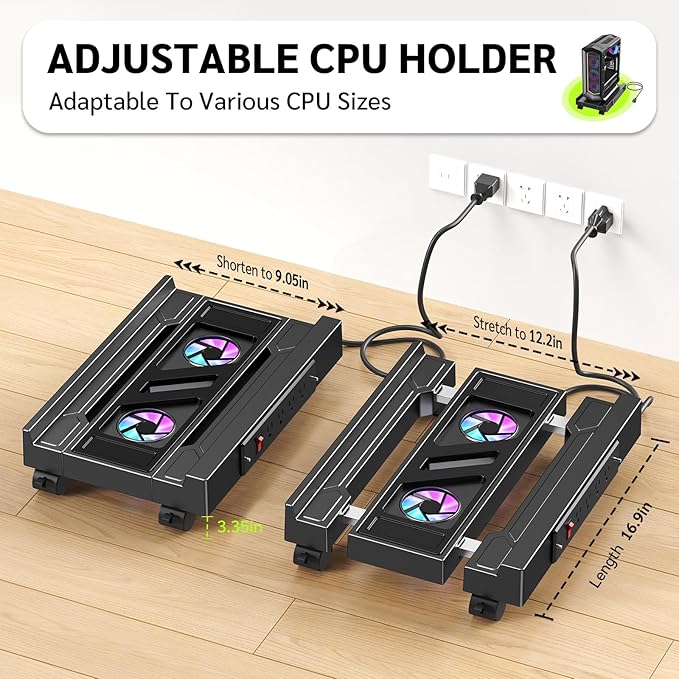 Adjustable CPU Holder with Charging Station and Cooling Fan with RGB Light,Mobile CPU Holder with 4 Rolling Casters, Under Desk CPU Bracket PC Floor Cart PC Riser for Office, Home (Socket with Fan)