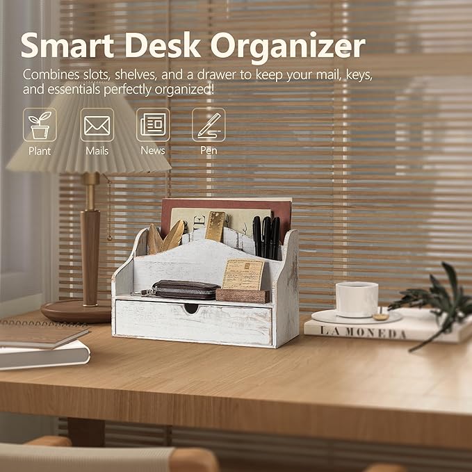 Pine Wooden Mail Organizer for Desk - Retro Farmhouse Mail Holder Countertop with Drawer & Dividers - 4-Slot Letter Holder for File & Office Accessories - Office Organizer for Home Decor (Whitewash)