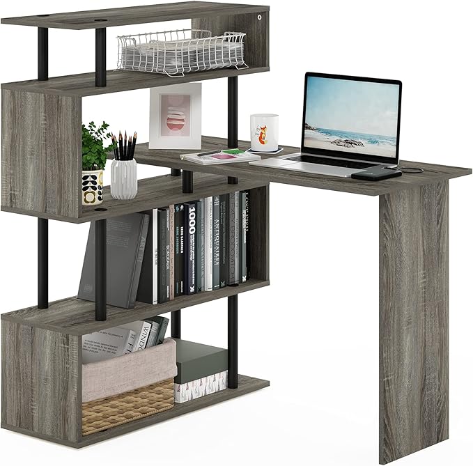 Furinno Classic L Shape Computer Desk, Gaming Desk, Office Desk with 5-Tier Shelves, 40" Wide, for Home Office, Study, Gaming, Grey Oak
