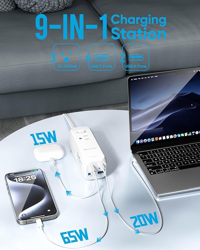 Olcorife 145W USB Power Strip, 5FT Flat Plug Extension Cord with 3 AC Outlets 6 USB Ports(4 USB C&2 USB A), 2000 Joules Surge Protector, Multiple USB Outlet Strip for Home Dorm Travel Essentials