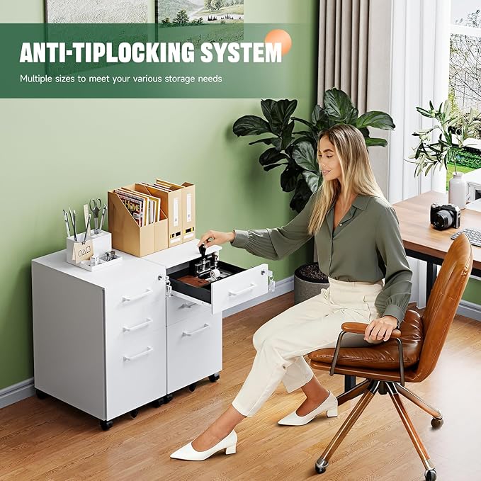 Letaya 3 Drawer Mobile File Cabinet with Lock,Under Desk Metal Filing Cabinets for Home Office Organizer,Small Rolling Printer Stand with Wheels,for Letters/Legal/A4(Assembly Required) (White)