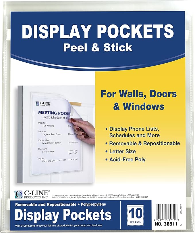 C-Line Peel and Stick Display Pockets, Clear, 8.5 x 11 Inches (36911), 10 Count (Pack of 2)