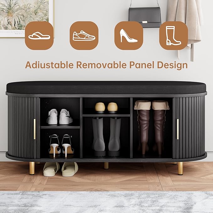 DHH 2-Tier Storage Bench,Wide Shoe Bench with Thickened Padded Seat Cushion, Mid Century Modern Fluted Sliding Door and Adjustable Shelf, for Entryway, Living Room, Bedroom (Black, 43.3“)