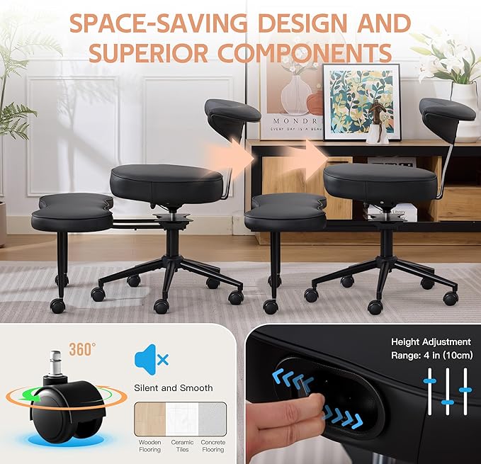 Ergonomic Cross Legged Office Chair with Lumbar Support, 360° Swivel Meditation Chair with Wheels - Adjustable Height for ADHD Desk & Yoga, Wide Criss Cross Chair, Kneeling Chair for Home, Black