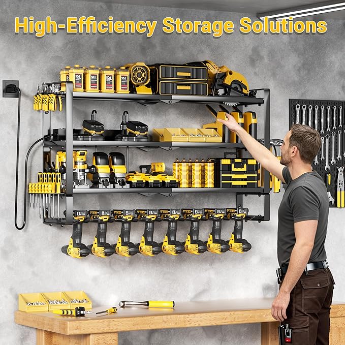 Large Power Tool Organizer Wall Mount with Charging Station,4 Layer Heavy Duty Metal Tool Storage Rack with 5-Outlet Power Strip,Loads 400lbs with 8 Cordless Drill Holder,Battery Utility Tool Shelf