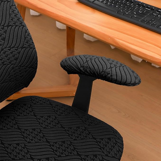 4 Pieces Split Office Chair Cover Large for Desk Chair Back and Seat with Armrest Covers Jacquard Stretch Black Office Chair Slipcovers Set Washable